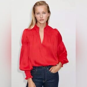 ME+EM 2 XS Elegant Red Silk Blend Women's Blouse detailed zip ruffle valentines